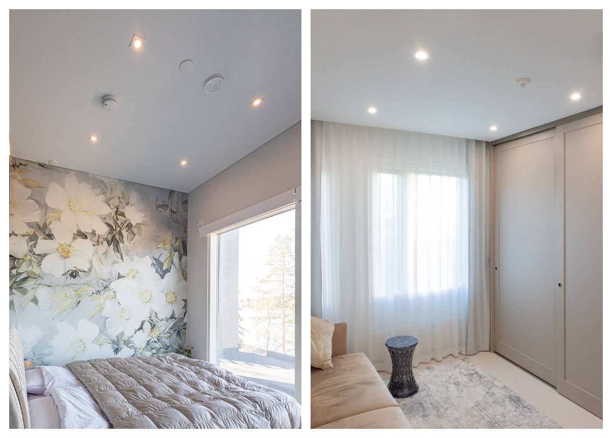 Led spots in the bedroom are a functional solution, shown here are four symmetrically placed flush spots on the ceiling with colour temperature control and dimming.