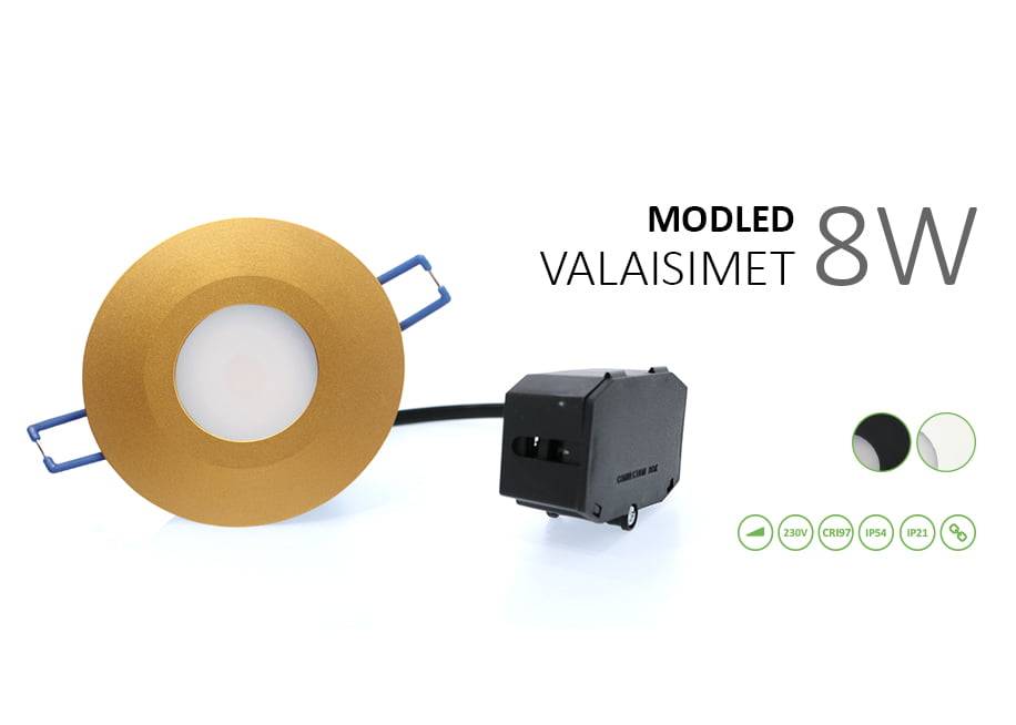 Gold coloured round LED light "MODELED LIGHTS 8W" with black power supply, 230V, CRI95, IP44/IP21 rated for style and functionality.