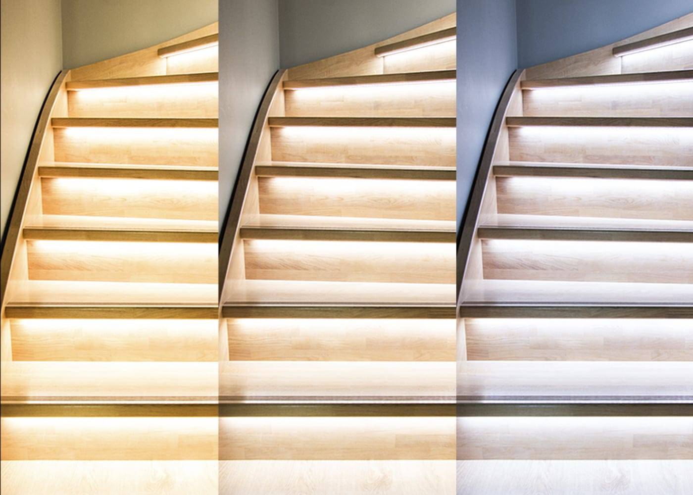 Comparison of wooden stairs with built-in LED lights that highlight different intensities, from dim to bright. The warm glow enhances the design of the stairs.