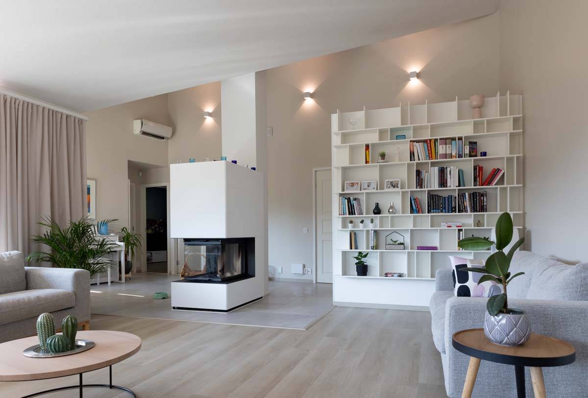 LED wall lights in the living room with a high ceiling