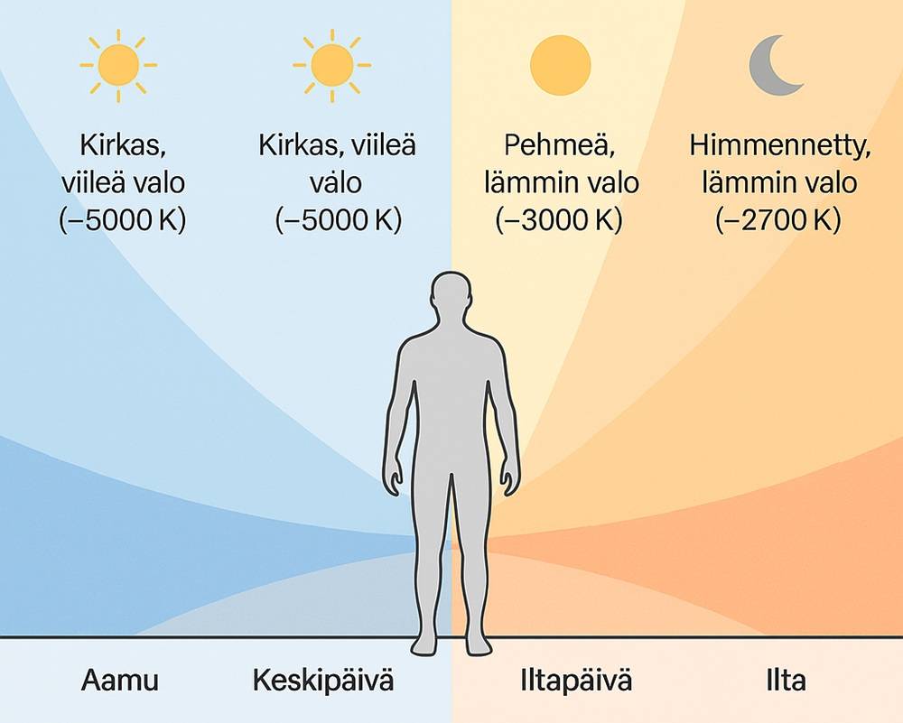 The illustration shows the colour and temperature of light according to the time of day, lighting guidelines according to EN 12464-1, in Finnish.