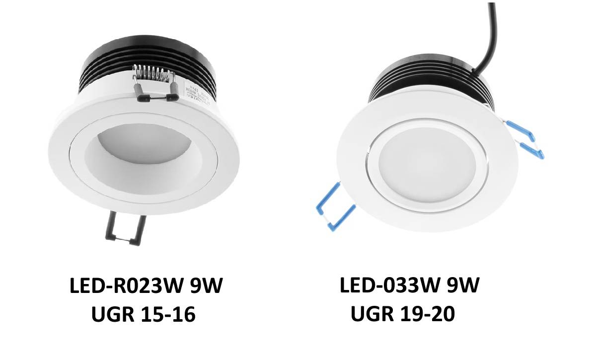 Two white LED-base lights (LED-R023W 9W UGR 15-16, LED-033W 9W UGR 19-20) comply with EN12464-1 lighting standard.