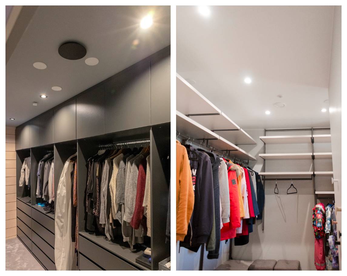 Two modern wardrobes side by side with integrated shelves, drawers and hanging space for clothes. Both take advantage of lighting in the ceiling with LED spotlights - a practical and inspiring solution for wardrobes. 