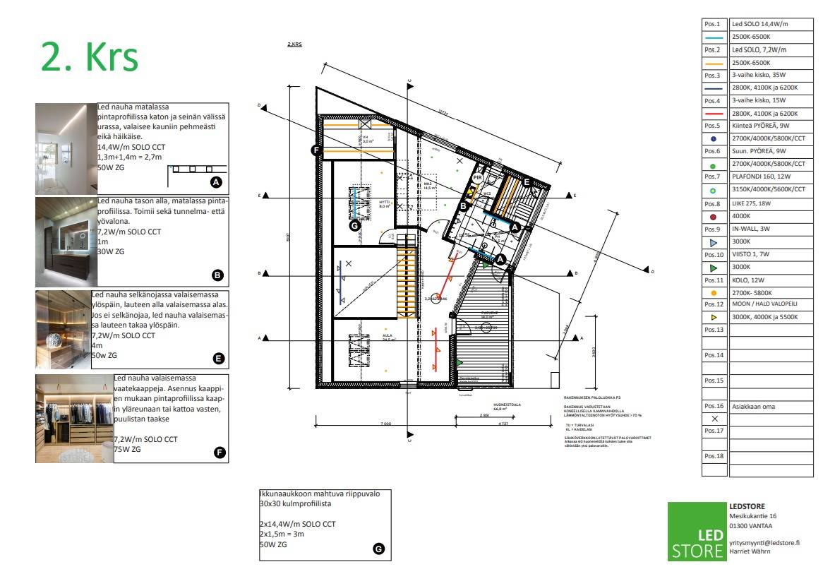 Floor plan of the second floor House, South Espoo; lighting objects LedStore.fi with LED lights and small interior photos on the left.