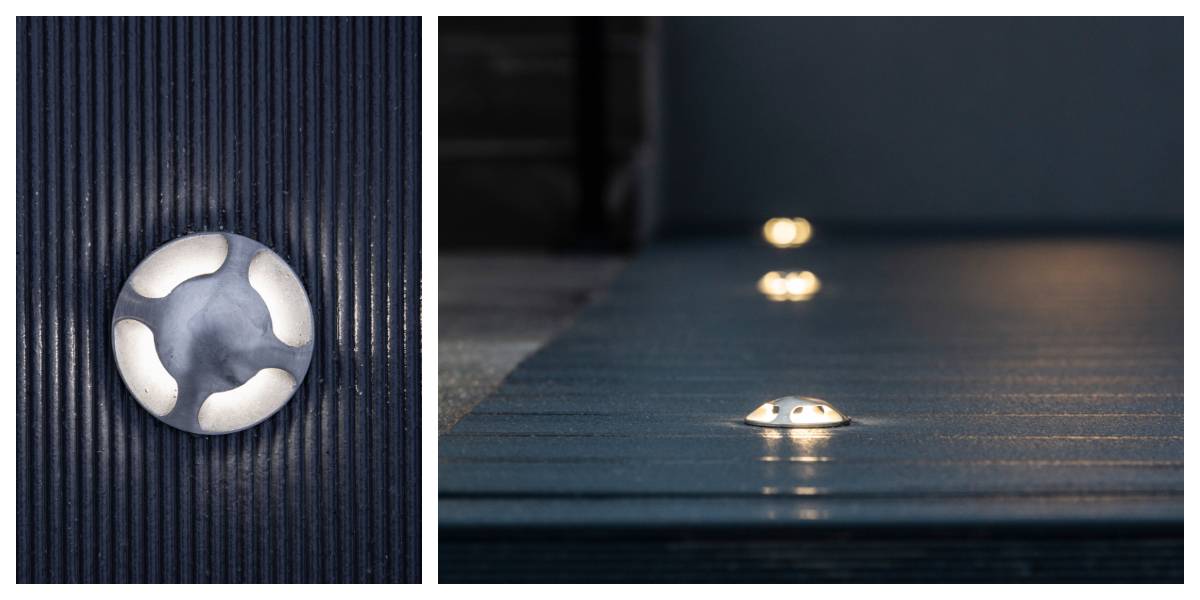 In close-up and from the side, the round, recessed LED covers from LedStore.fi emit a soft, ambient light on the terrace. These LED fixtures are ideal for mood lighting and accentuating the terrace, spaced evenly along a textured, dark-colored exterior surface.