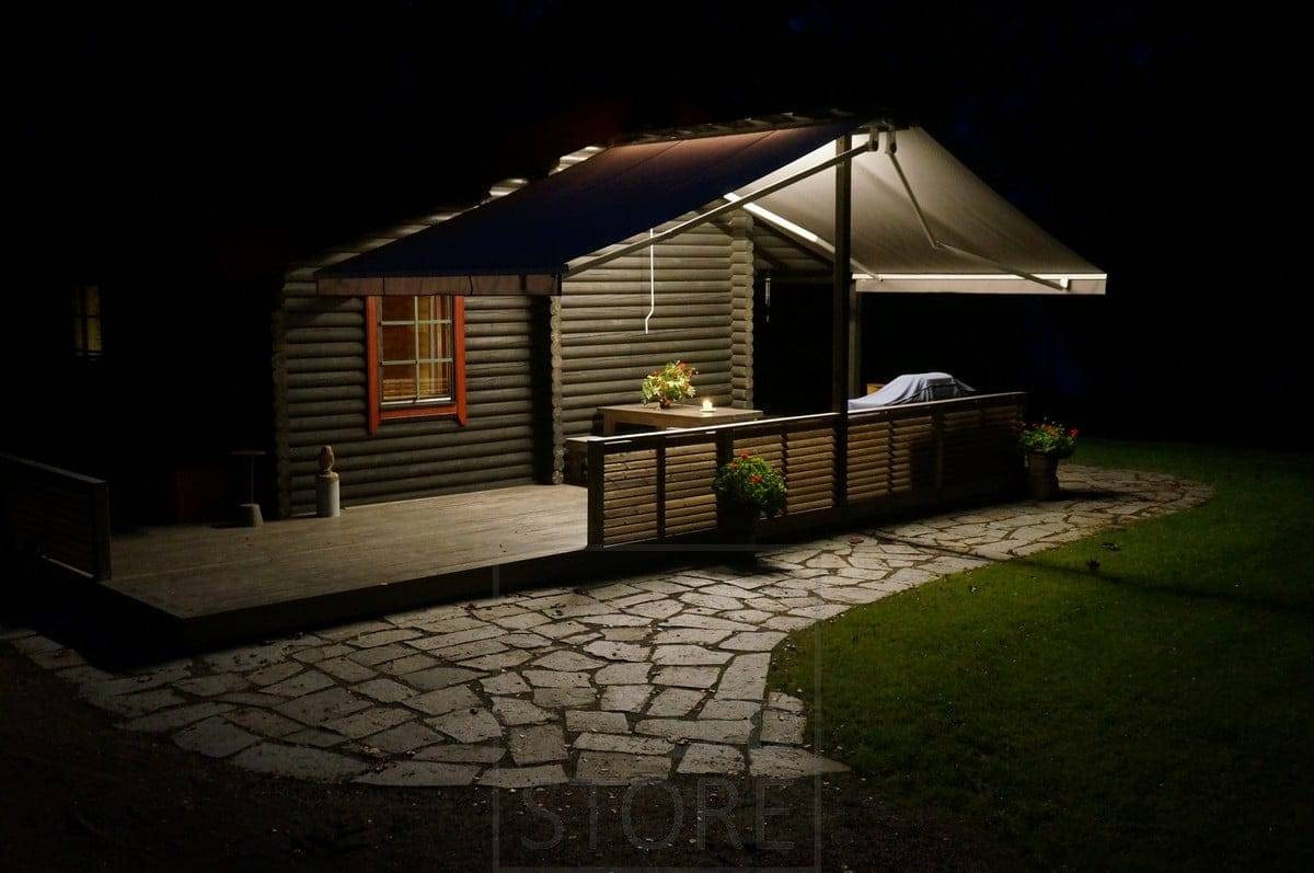 LED strip in the center of the canopy provides atmospheric general lighting for the terrace Ledstore.fi