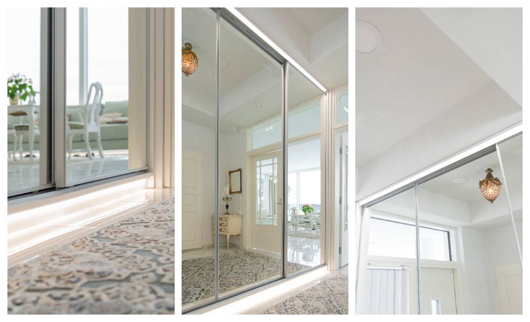 The sliding door cabinet in the hallway is illuminated from above and below with LED strip. copyright LedStore.fi 
