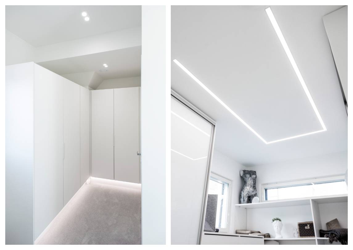 Two-part image: the left side shows a minimalist white corridor with integrated cabinetry, soft lighting and stylish wardrobe LED lighting. On the right side, a modern room with recessed linear LED lights highlight shelving and accentuate decorative elements.Check out the wide range of LED lighting solutions for every home at LedStore.fi!  