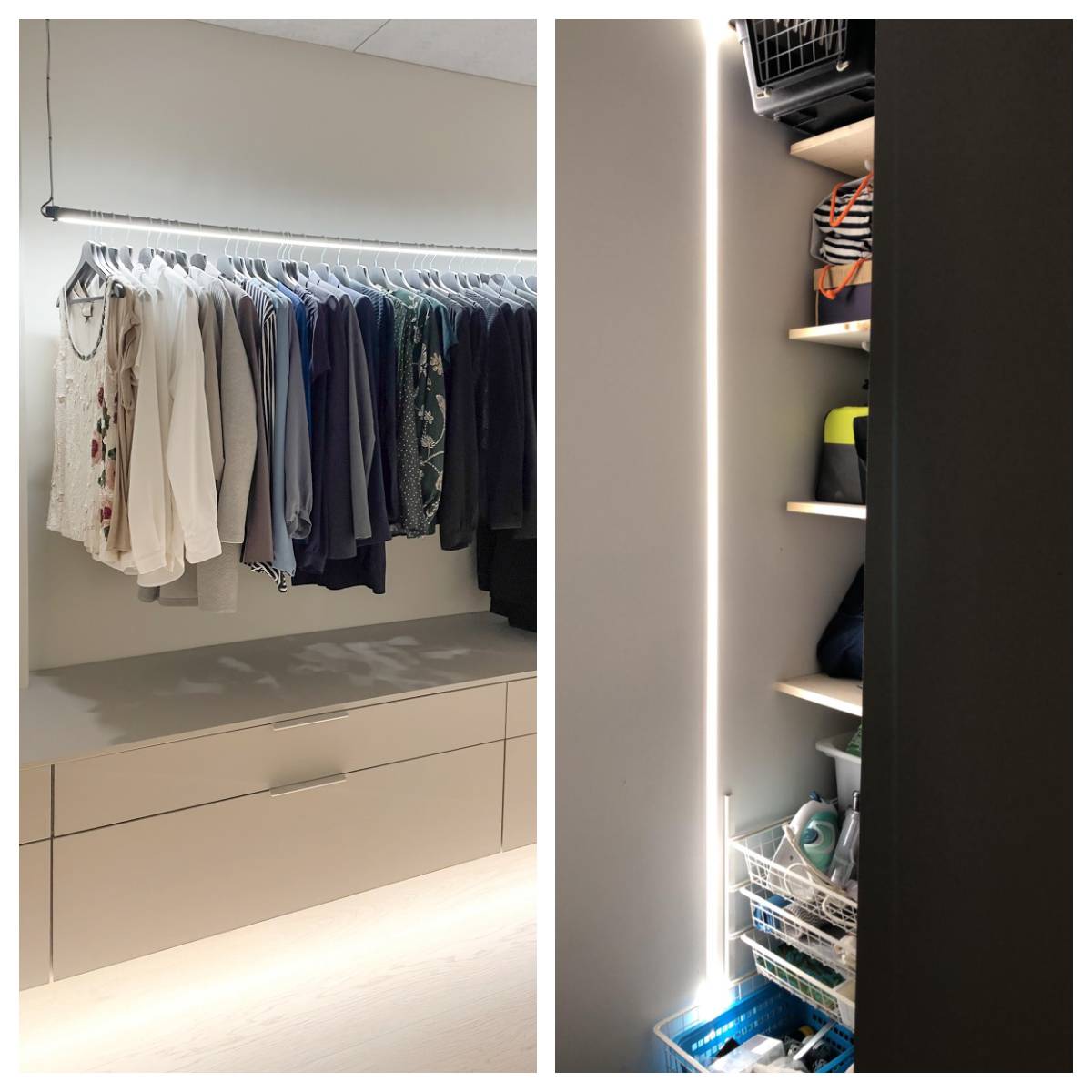 Tips for wardrobe lighting with LED strip and aluminium profile. A full-length illuminated wardrobe, LED strip mounted under the drawer for indirect lighting. In the second picture, vertically mounted LED strip in a flush-mounted profile inside the cupboard. image copyright LedStore.fi   