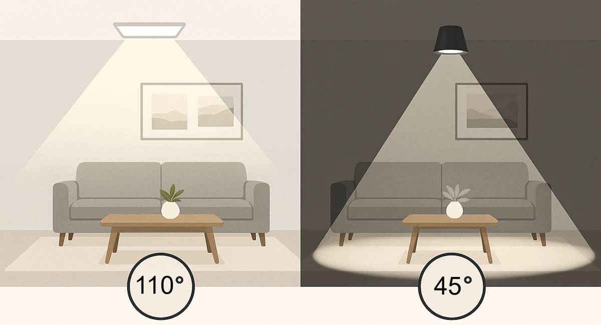 The wide (110°) beam angle LED illumination brightens the whole room, while the narrower (45°) beam angle highlights areas such as the dining table and sofa. Different lighting angles affect the ambience and functionality of the room - LedStore.fi has a wide range of solutions to suit your needs. 