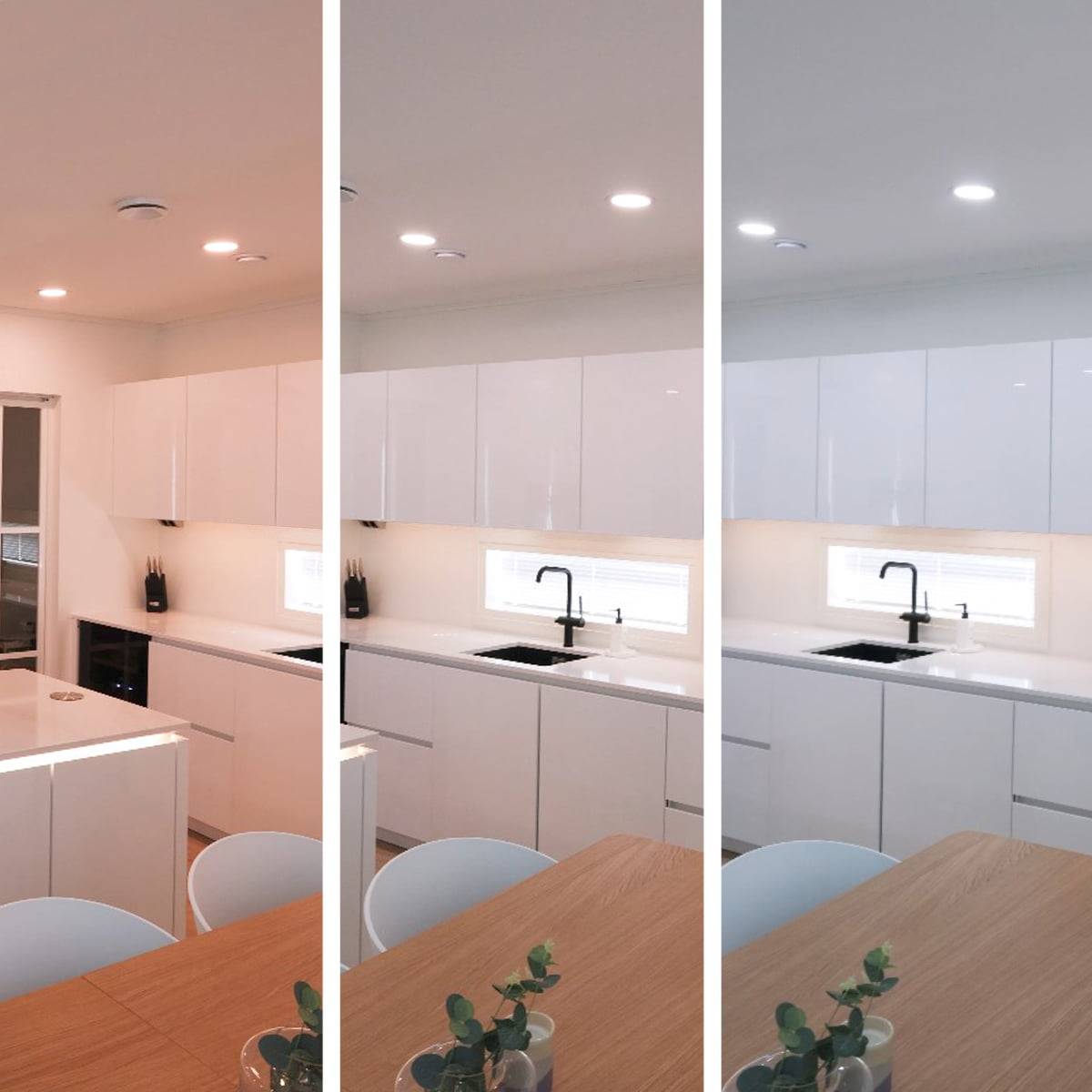 In the kitchen, three different colour temperatures are illustrated: warm, neutral and cold.