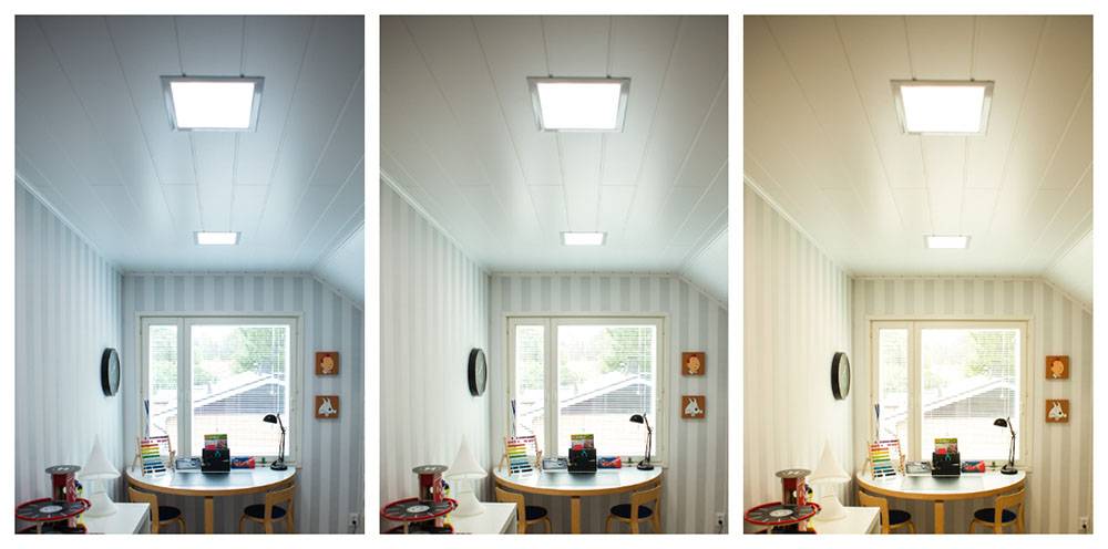 Changing the colour temperature of the light. In the example, a children's room and three different light colours.