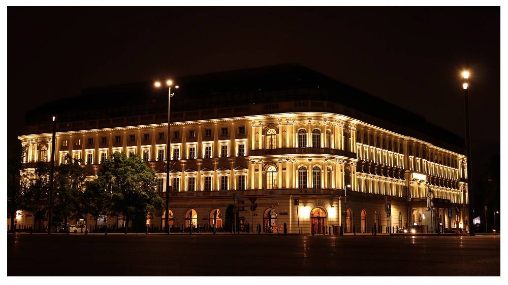 Warsaw, Masovian Voivodeship, Poland hotel lit up at night
