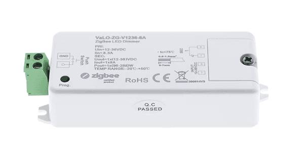 White ZigBee LED dimmer from LedStore.fi, with green connector rim