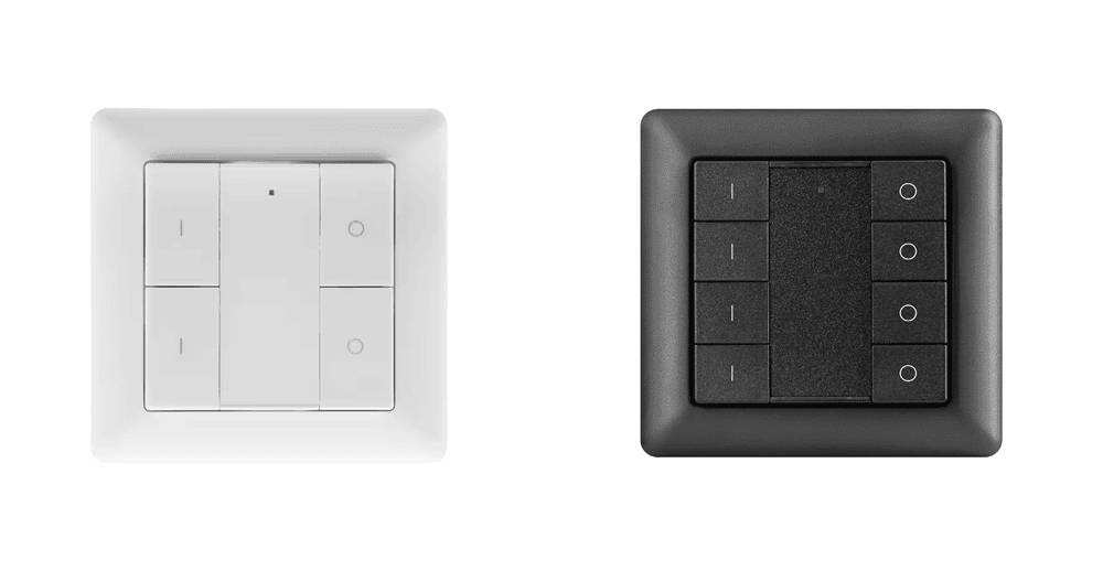 Two wall-mounted light switches, black and white, with four buttons - suitable for EXXACT frames, for example.
