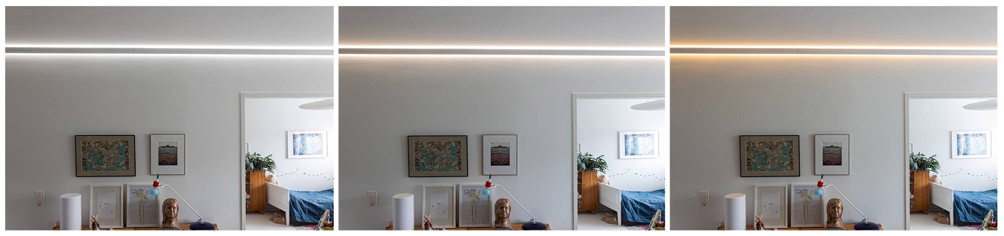 Examples of CCT shades of LED strip at different white light colour temperatures.