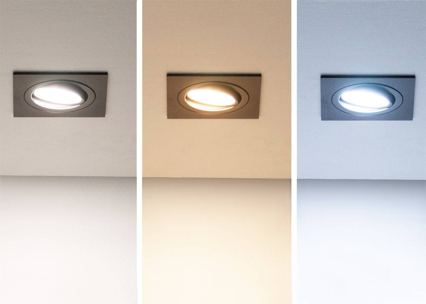Three LED ceiling lights in a row: warm white, neutral white, cool white shades illuminate a grey ceiling beautifully. Perfect lighting contrast.