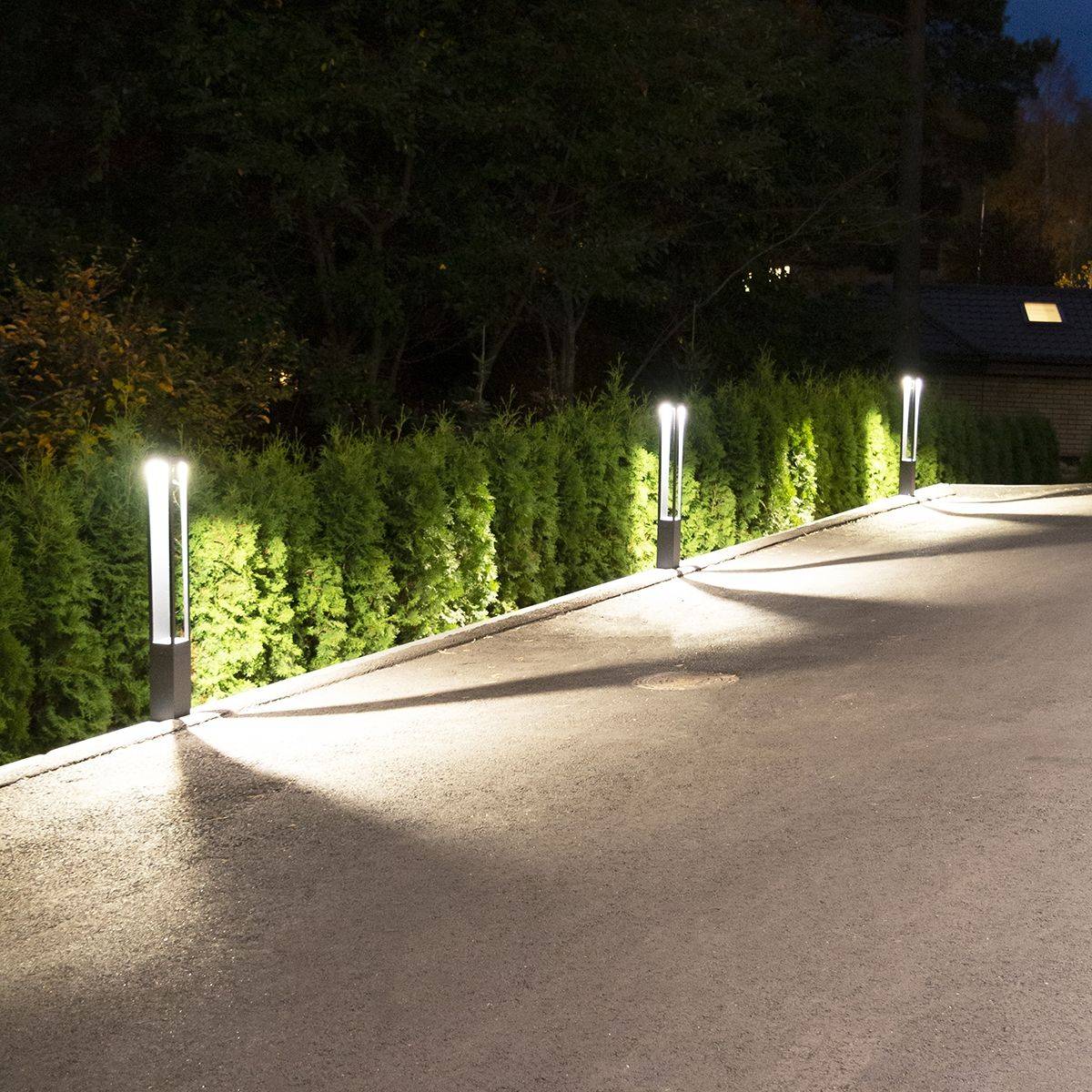 Pillar lights at the edge of the plot illuminate the courtyard.