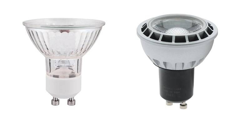 The photo shows two GU10 bulbs: a halogen bulb on the left and an LED bulb on the right.