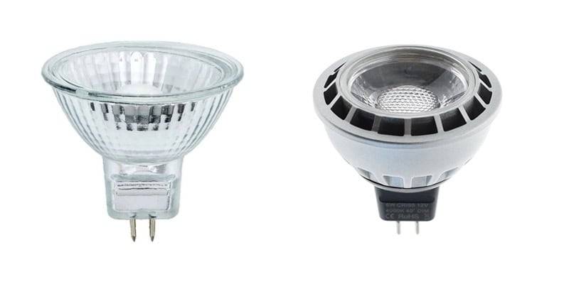 GU5.3, or MR16 bulbs: halogen on the left and LED on the right.