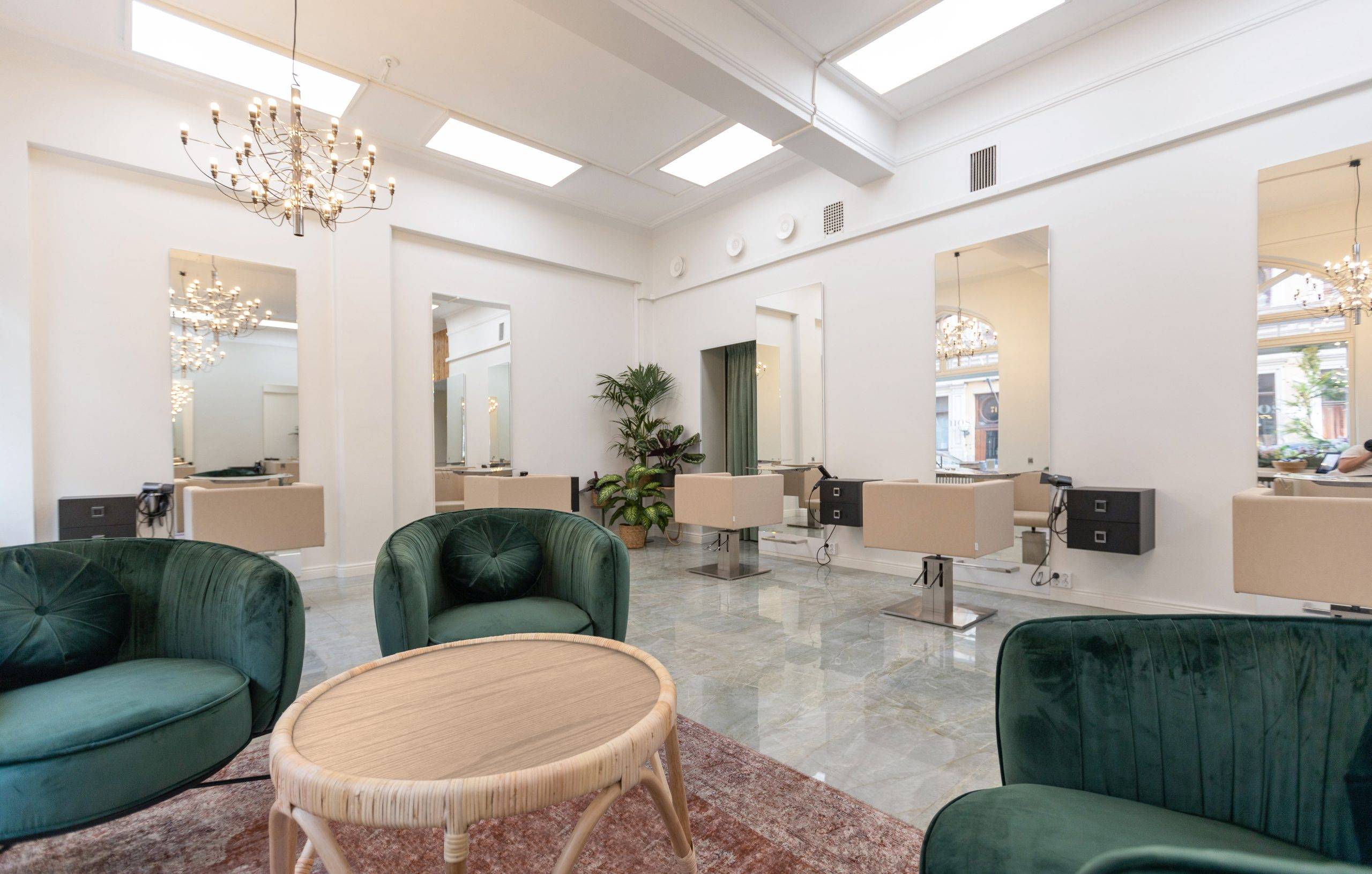 Light salon space with large led panels
