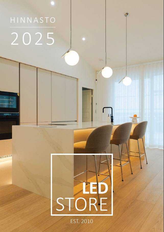 A modern kitchen with a marble island and three beige chairs is illuminated with high quality LED lights from LedStore.fi. The pendant lights create a warm glow around the kitchen, enhancing the elegance of the space. Soft natural light filters through the light curtains, completing the atmosphere of the room. Discover the inspiring "Kuvasto 2025" and a lighting solution for your home from LedStore, which started back in 2010.