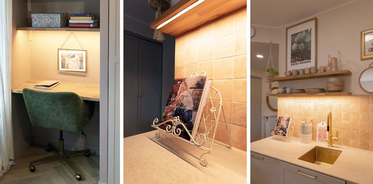 A recessed 45-degree angled profile with an LED strip integrated into the shelf.