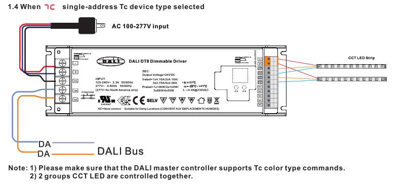 Diagram of a DALI driver controlling CCT LED strips and connected to a DALI bus for unidirectional Tc control.