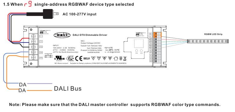 Diagram of DALI DT8 dimmer interface for RGBWAF LED strip, including DALI transformer connections and power supply.