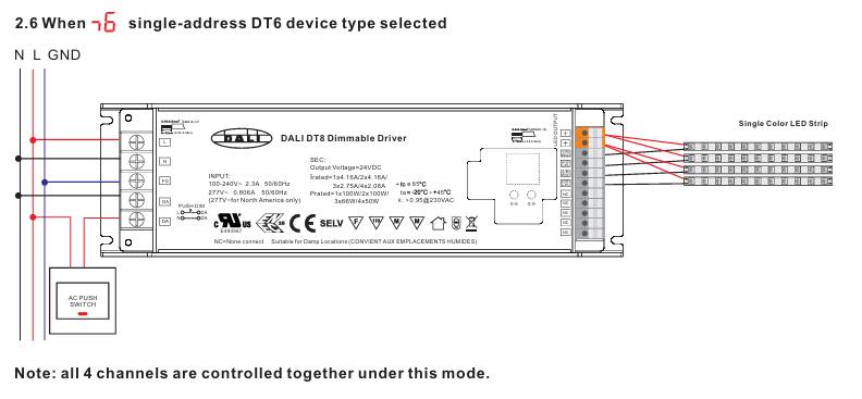 Wiring diagram: the DALI driver DT6 dimmer controls the monochrome LED strip and the AC button, showing the DALI features.