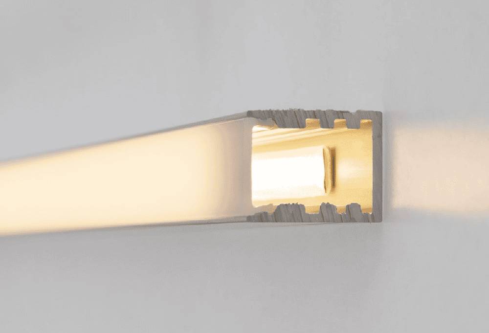 Aluminum profile and diffuser with an illuminated LED strip inside.