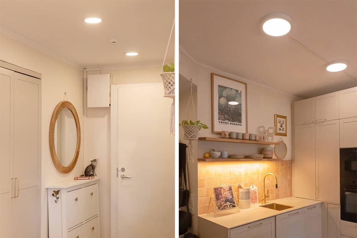 Recessed panels in the entrance and surface-mounted panels in the kitchen.