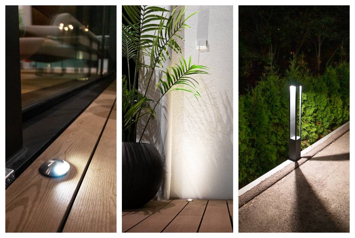 The edge of the terrace is illuminated by a flush-mounted patio spotlight. In the second picture, the edge of the walkway is illuminated by a black pillar light that provides light in three directions.