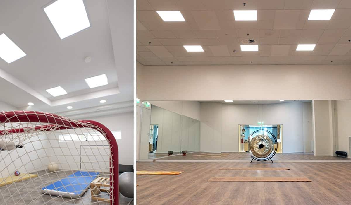 Home gym and yoga studio with several big led panel lights.