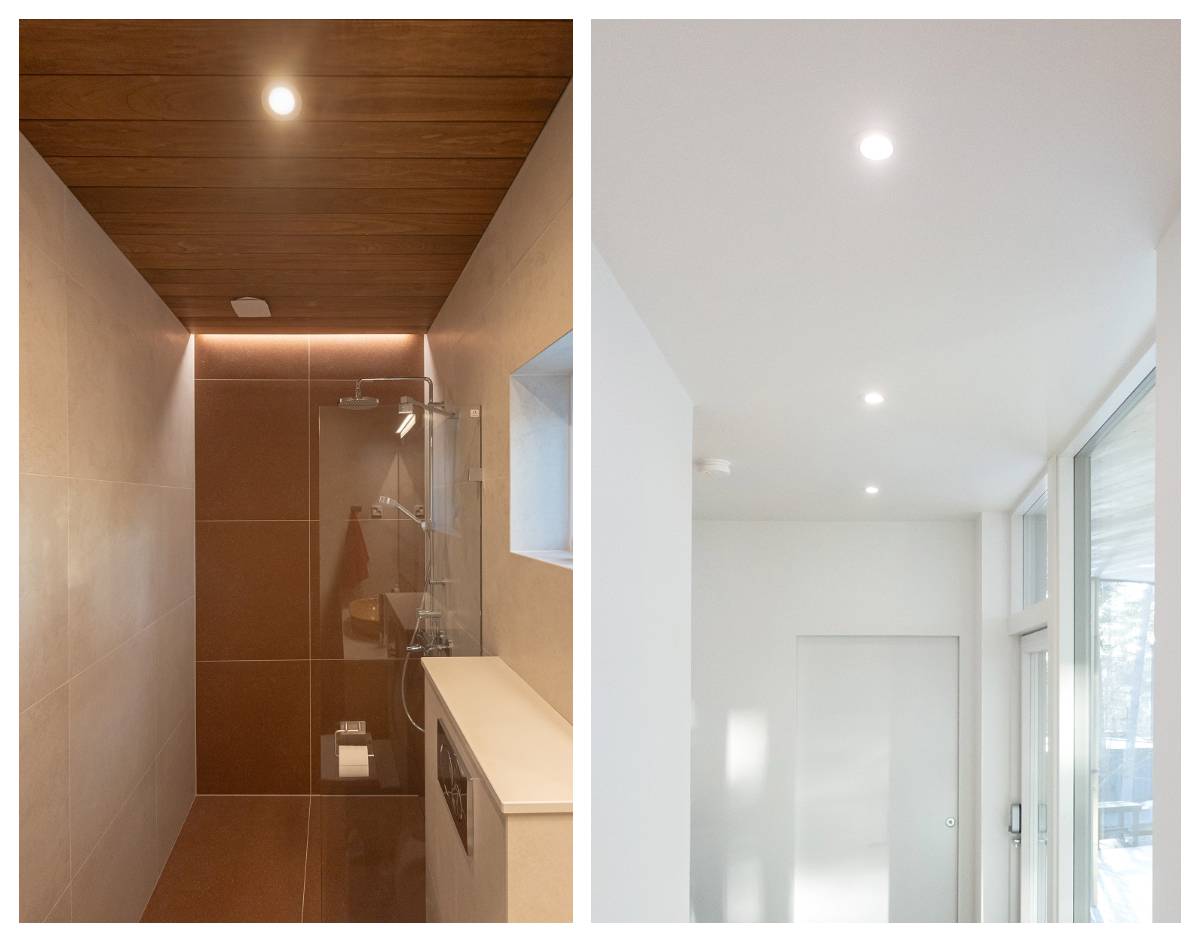 Led spotlights in the bathroom and hallway. The spots are installed in the centre line of the space. 