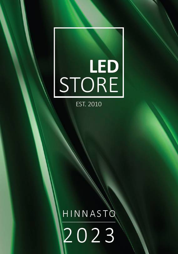 Vihreä abstrakti tausta virtaavilla linjoilla ja hienovaraisella LED-teemalla. Tekstissä lukee: "LEDSTORE.FI, PERUSTETTU 2010, HINNASTO 2023.