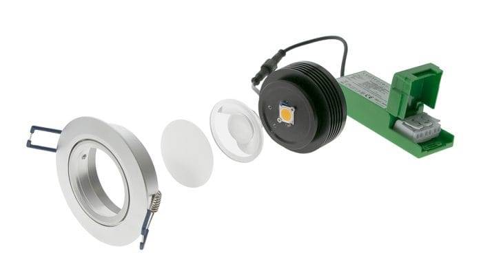 Exploded view of an LED downlight: housing, lens, LED module, and green power supply.