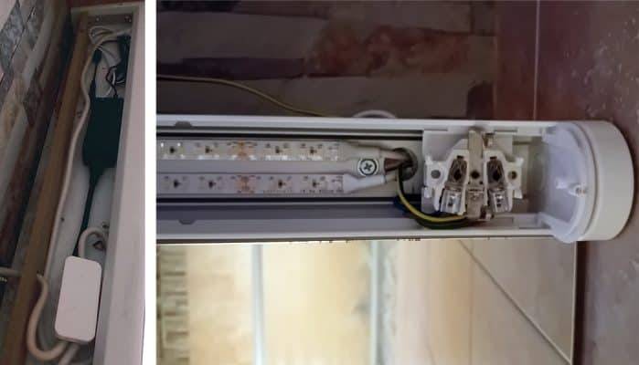 LED strip installed in an old fluorescent light fixture base.