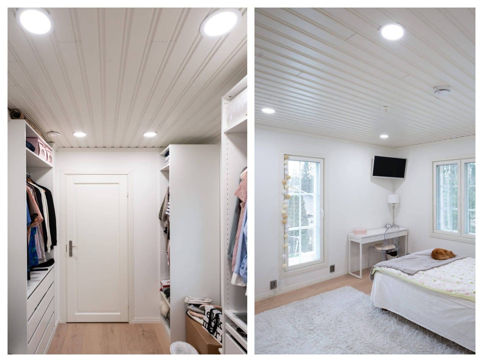 Split image: Left, walk-in closet with LED-lit white paneled ceiling; Right, bedroom with bed, TV, window, same ceiling. Cat rests on bed.