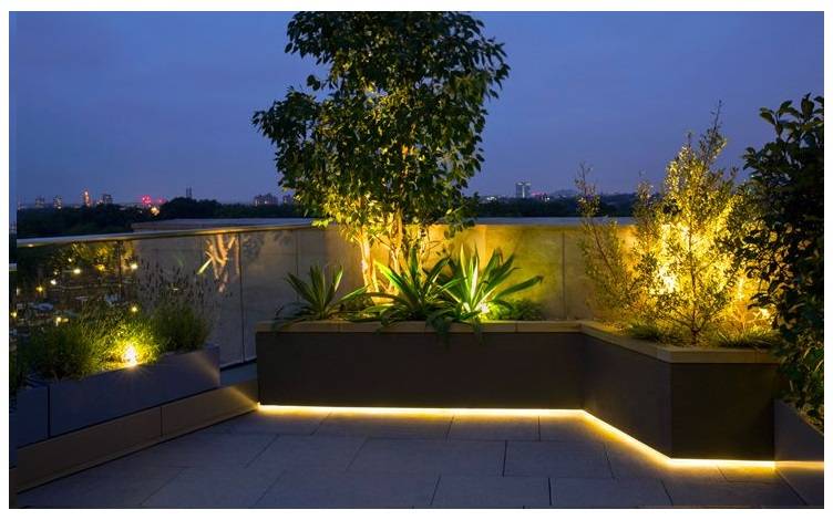 A raised flower bed illuminated from the bottom with a warm-toned LED strip. The bed also features other warm-toned spotlights for added effect. 