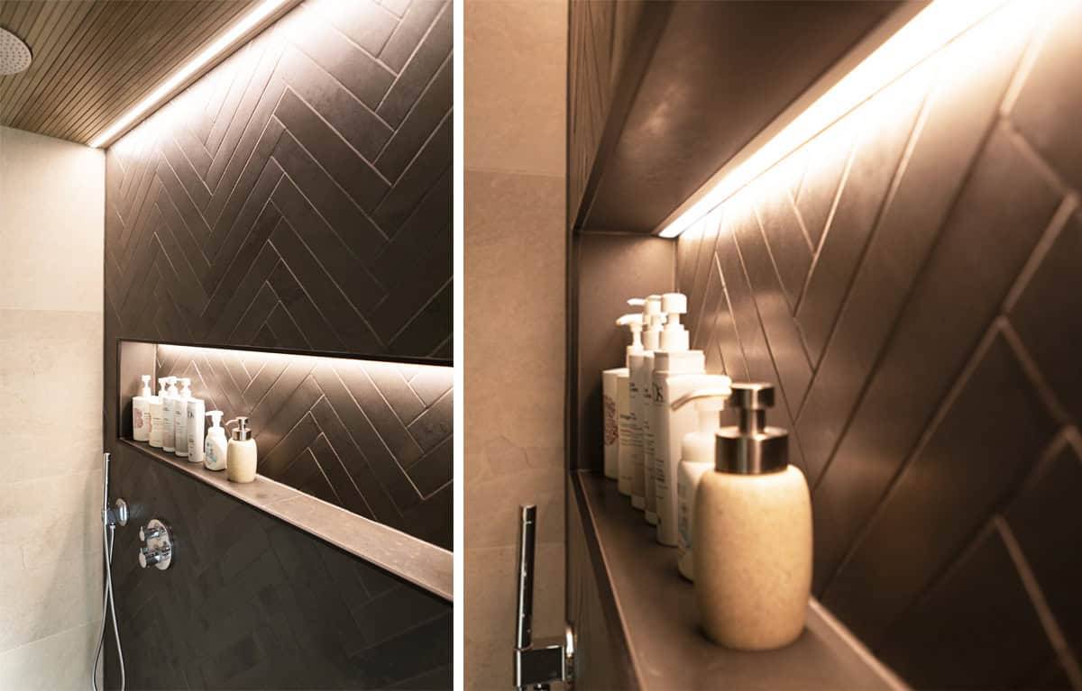 Shampoo niche lighting with LED strip.