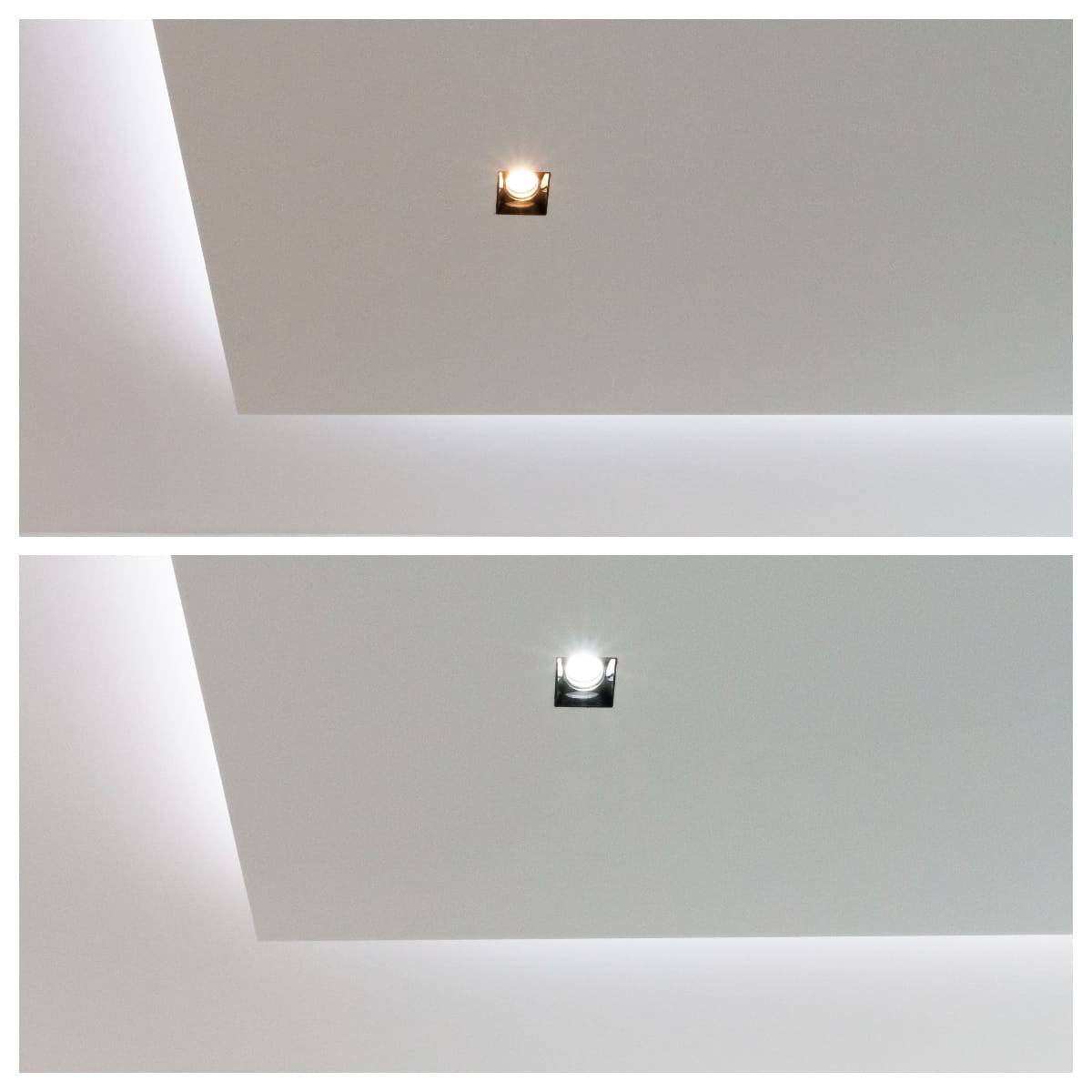 lighting renovation of the plaster ceiling, Hiding spots in the finished lowered ceiling. Light shades warm at the top and cold at the bottom.