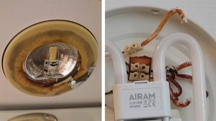On the left, a yellowed and worn-out halogen light fixture housing; on the right, brittle plastic parts inside the fixture.