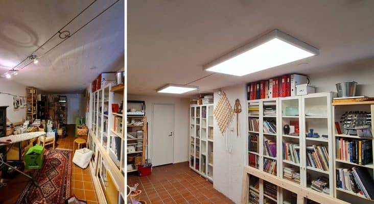 Two photos: On the left, spotlights suspended from the ceiling by cables; on the right, two large LED panels mounted on the ceiling.