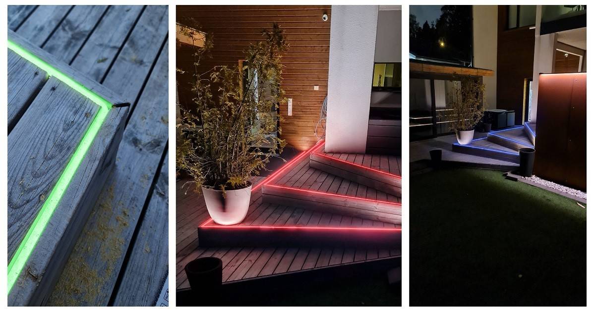 Three images of RGB NEON LED strip recessed into the edge of a terrace step 