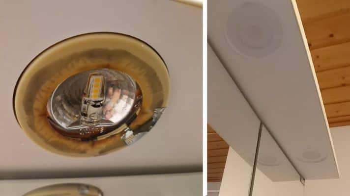Mirror cabinet modification work:
Left: A worn-out and outdated G4 light fixture housing. Right: two recessed LUMO LED spotlights installed into the mirror cabinet.