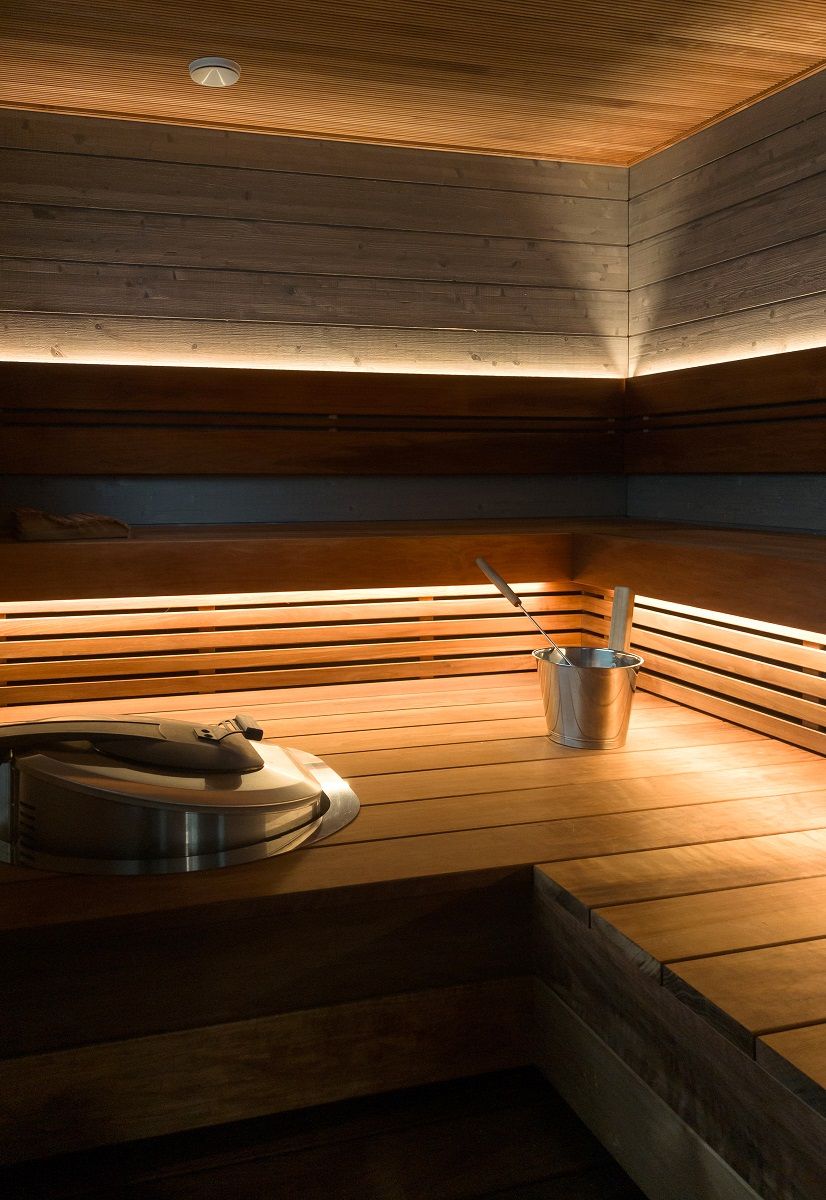 LED strip installed under the sauna ceiling and behind the backrest.