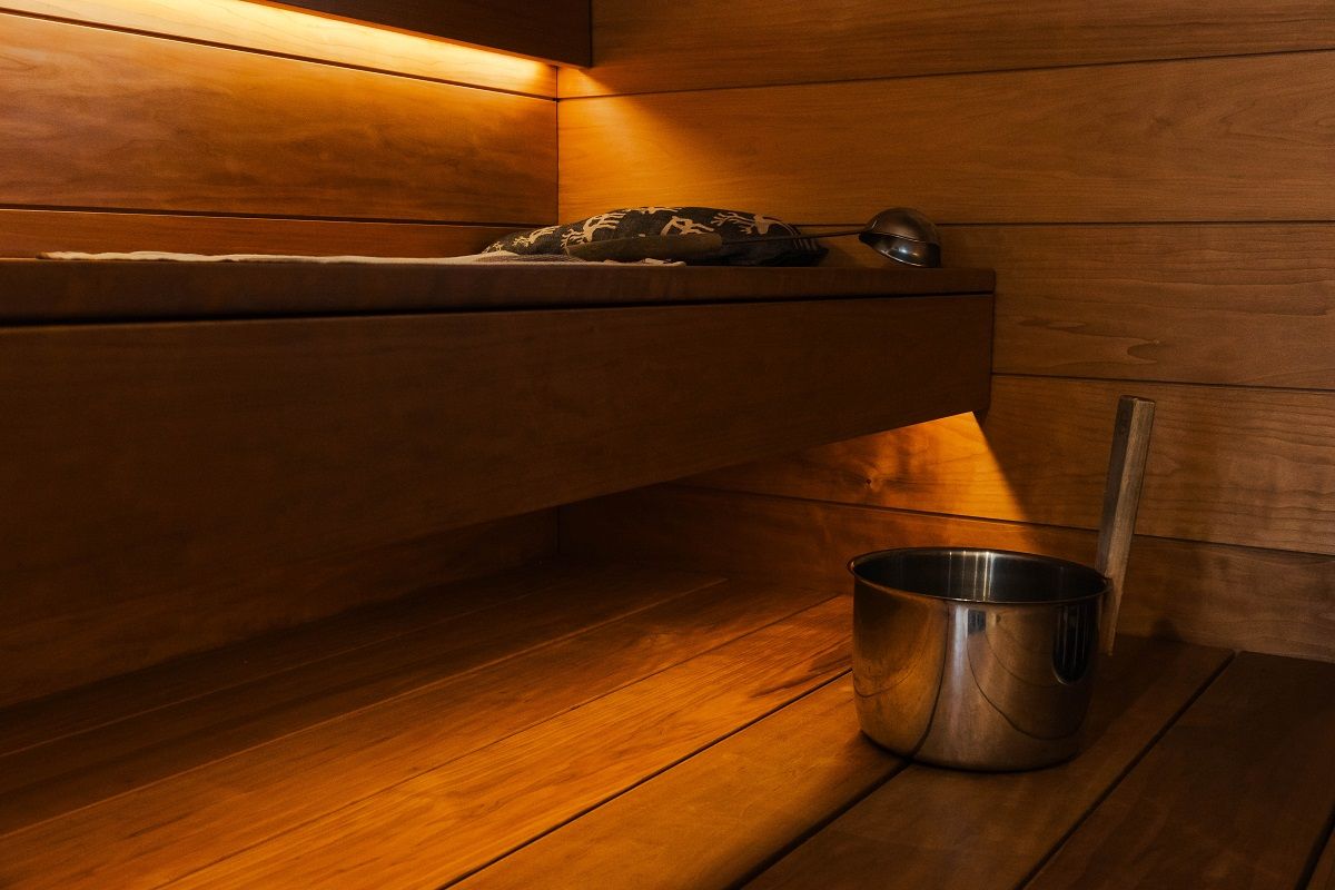 Lighting of sauna backrest and lower part with led strip and profile