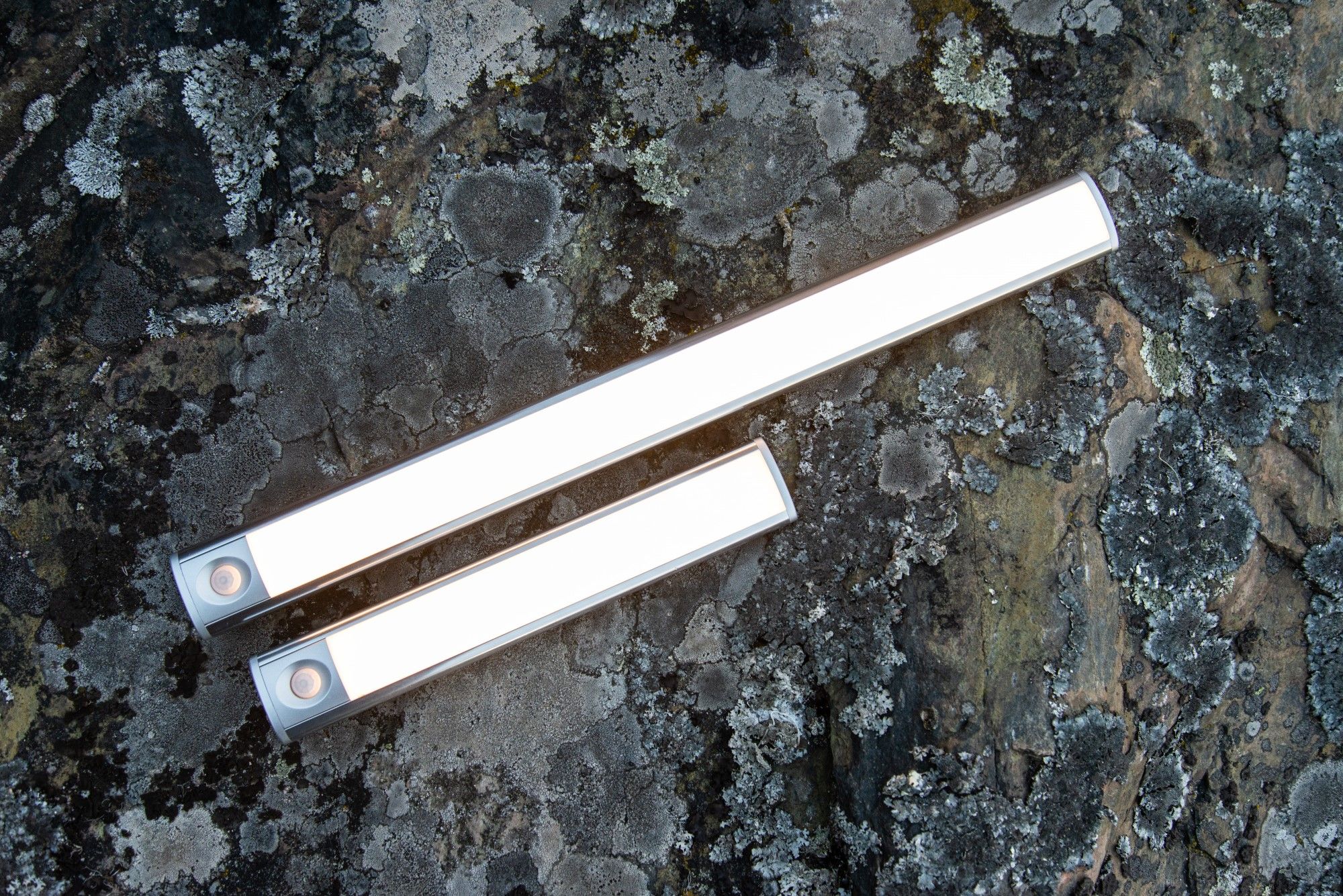 Two WANDA lamps of different lengths on a rock